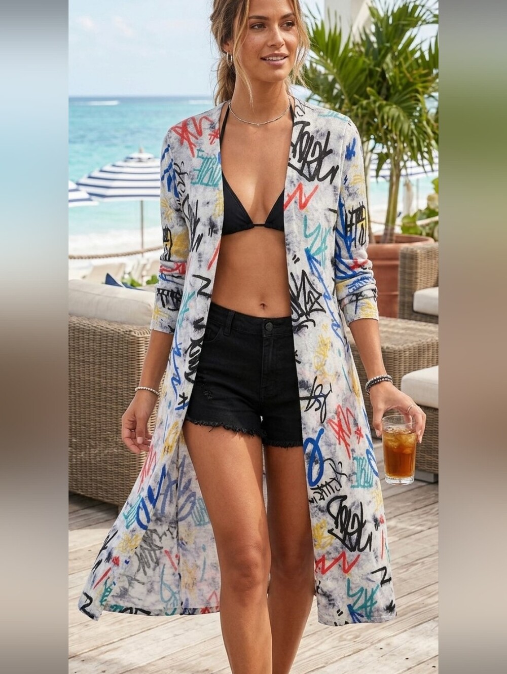 Graffiti Print Mesh Sheer Longline Duster Cardigan. Size S. EUC